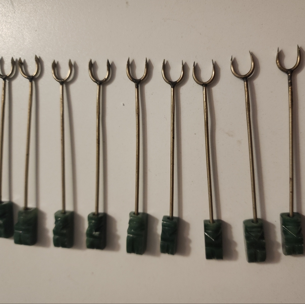 9-pc Set Vintage Green Carved Quartz/Stone Aztec/Tiki Faces H'orderves Forks.